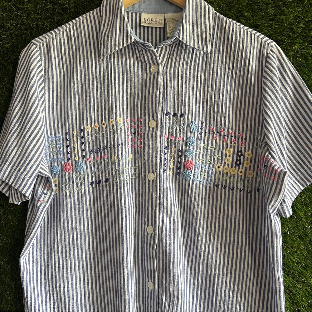 Vintage Embroidered Striped Short Sleeve Button Up Shirt - Picture 4 of 8